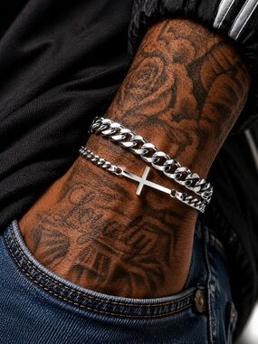 Silver Cross and Curb Chain Bracelet Set